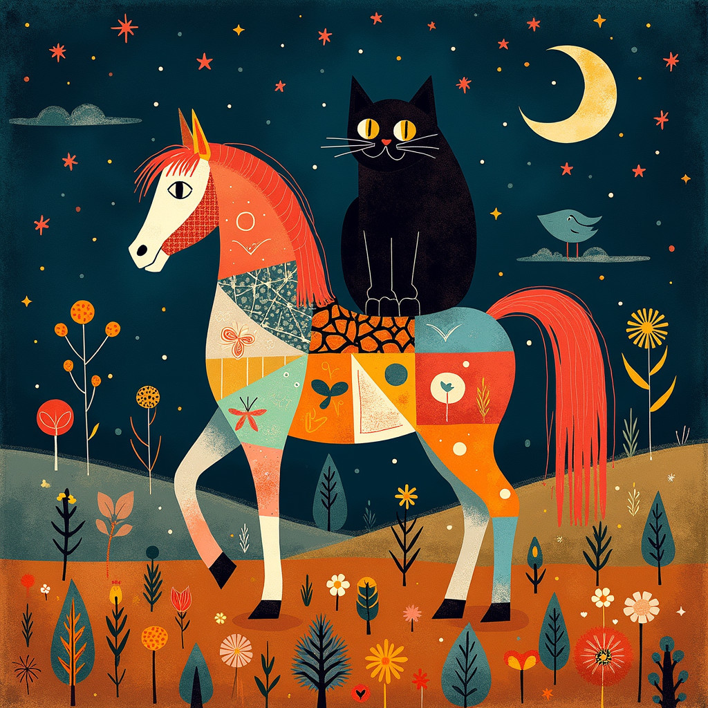 Colorful Patchwork Horse with Cat Under Night Sky