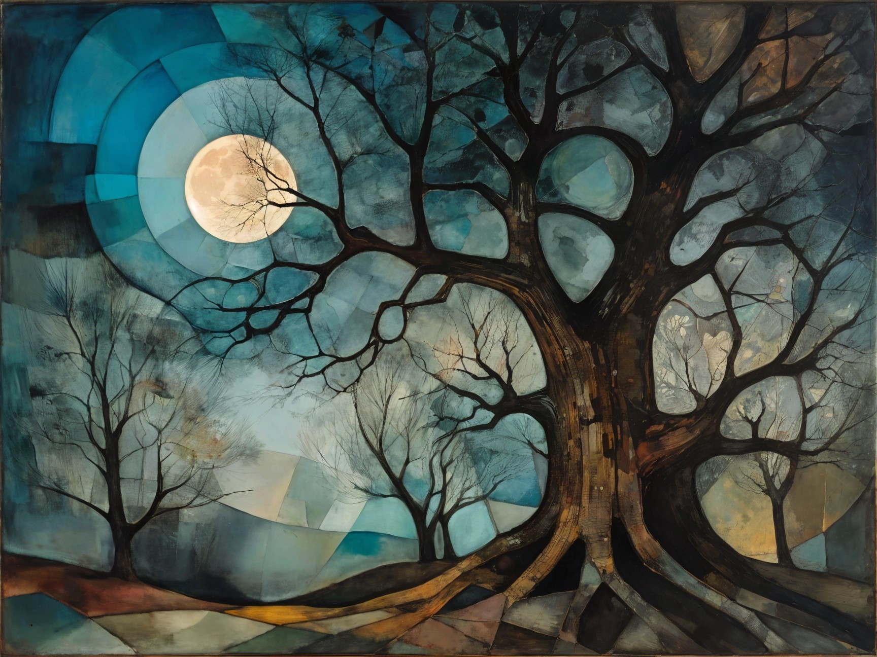 Stylized landscape with dark tree and full moon