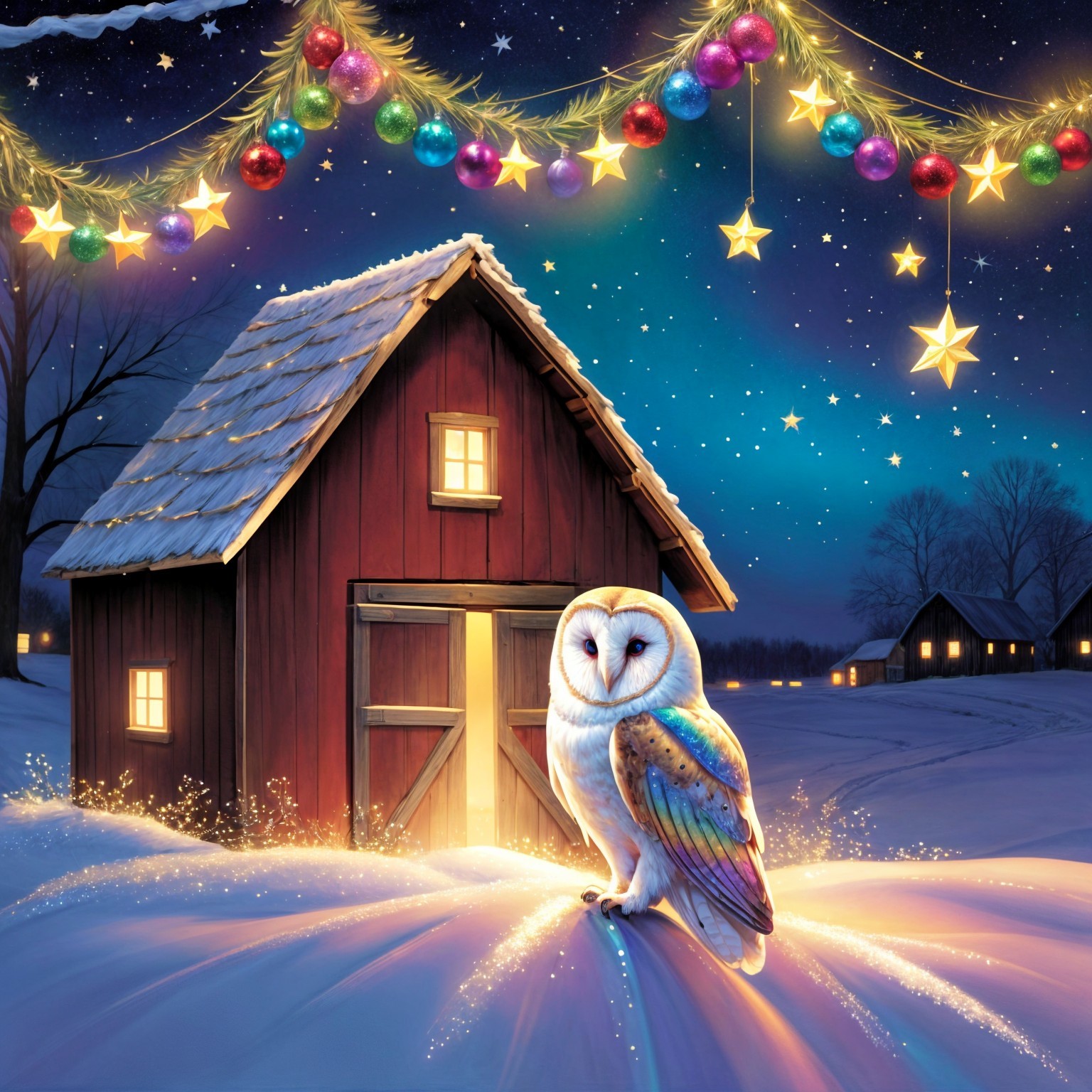 Winter Scene with Barn, Snow, and Starry Sky