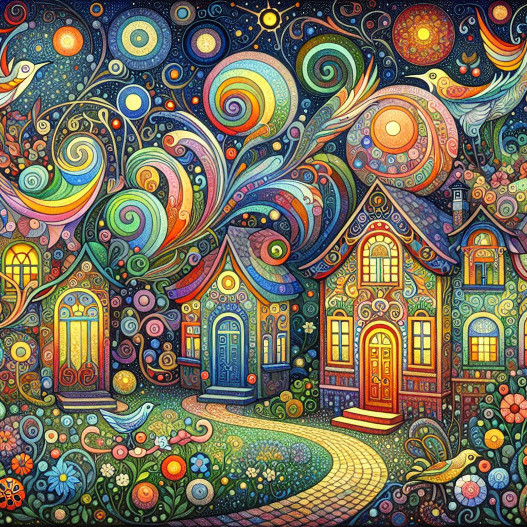 Vibrant Night Scene with Whimsical Houses and Galaxies