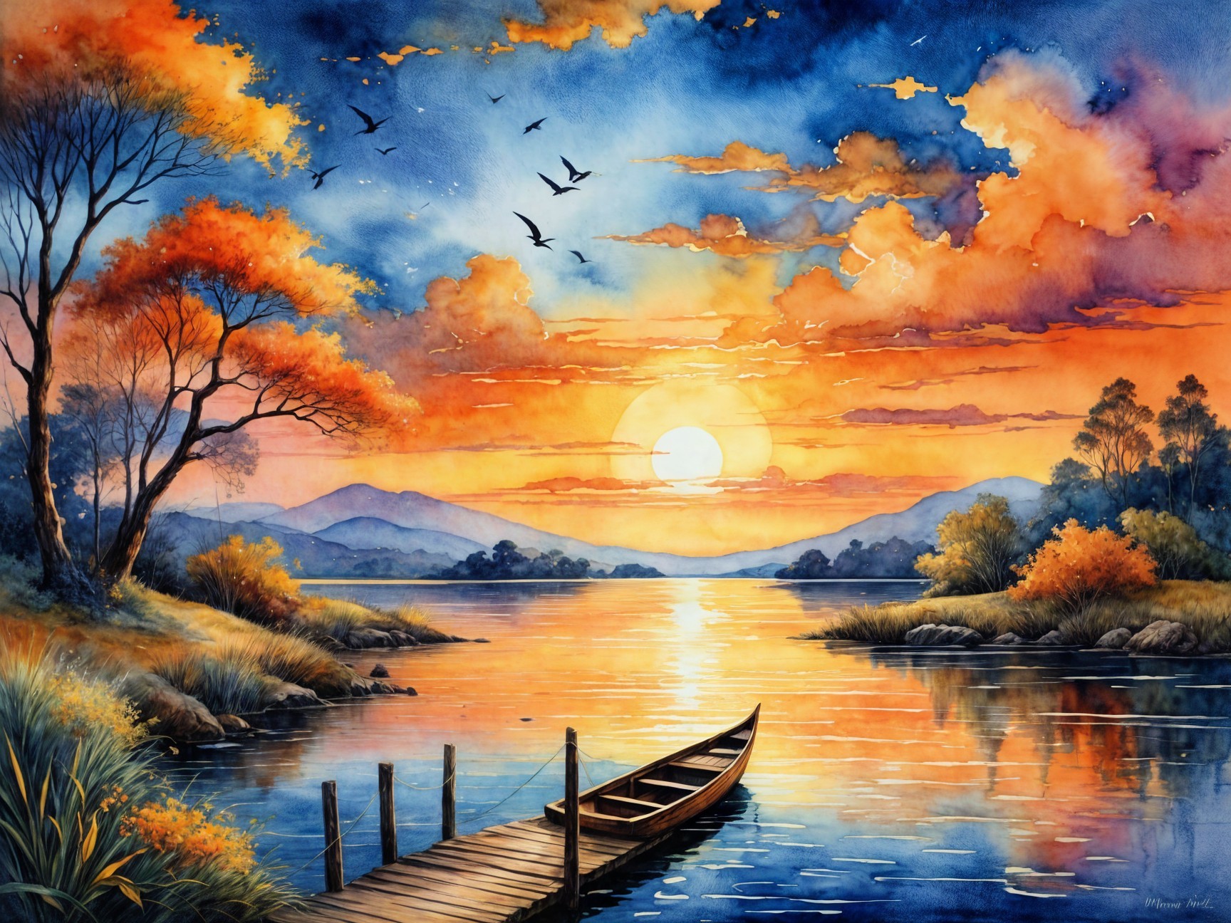 Serene Landscape with Vibrant Sunset and Tranquil Lake