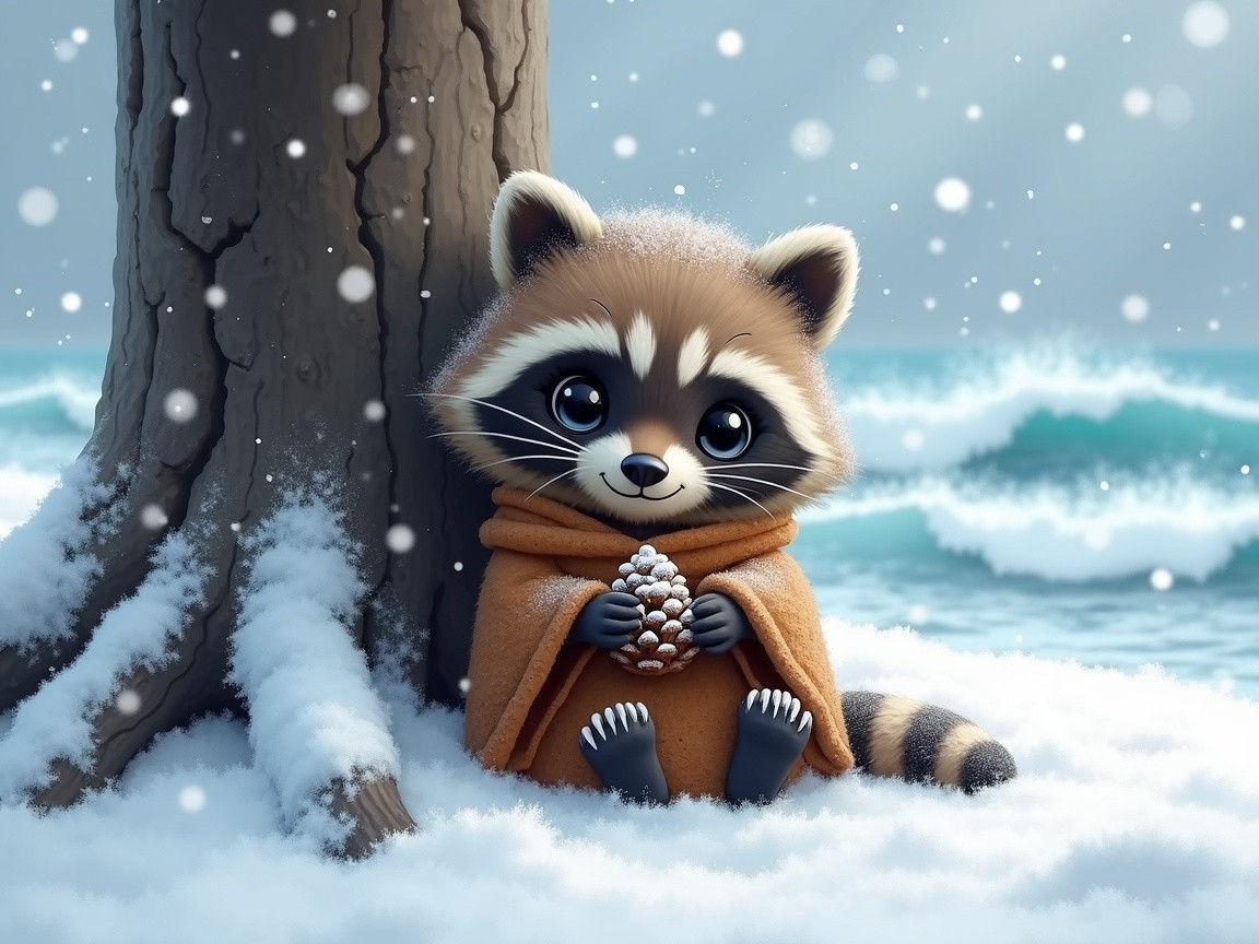 Raccoon in Orange Blanket by Snowy Tree and Ocean