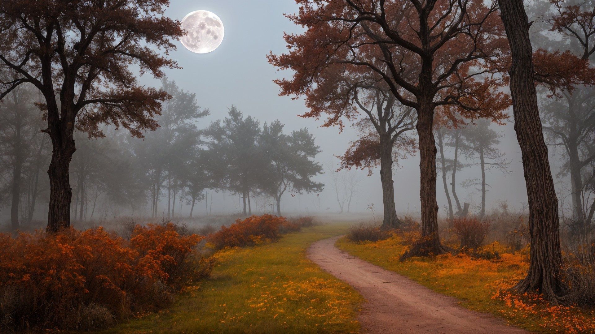 Misty Forest Path with Autumn Leaves and Full Moon