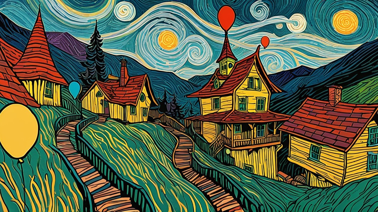 Whimsical Village with Colorful Houses and Night Sky