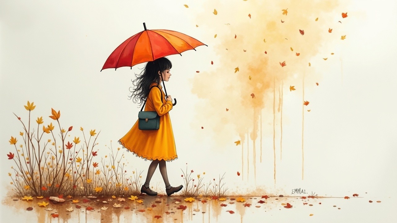 Young girl in yellow dress with orange umbrella in autumn