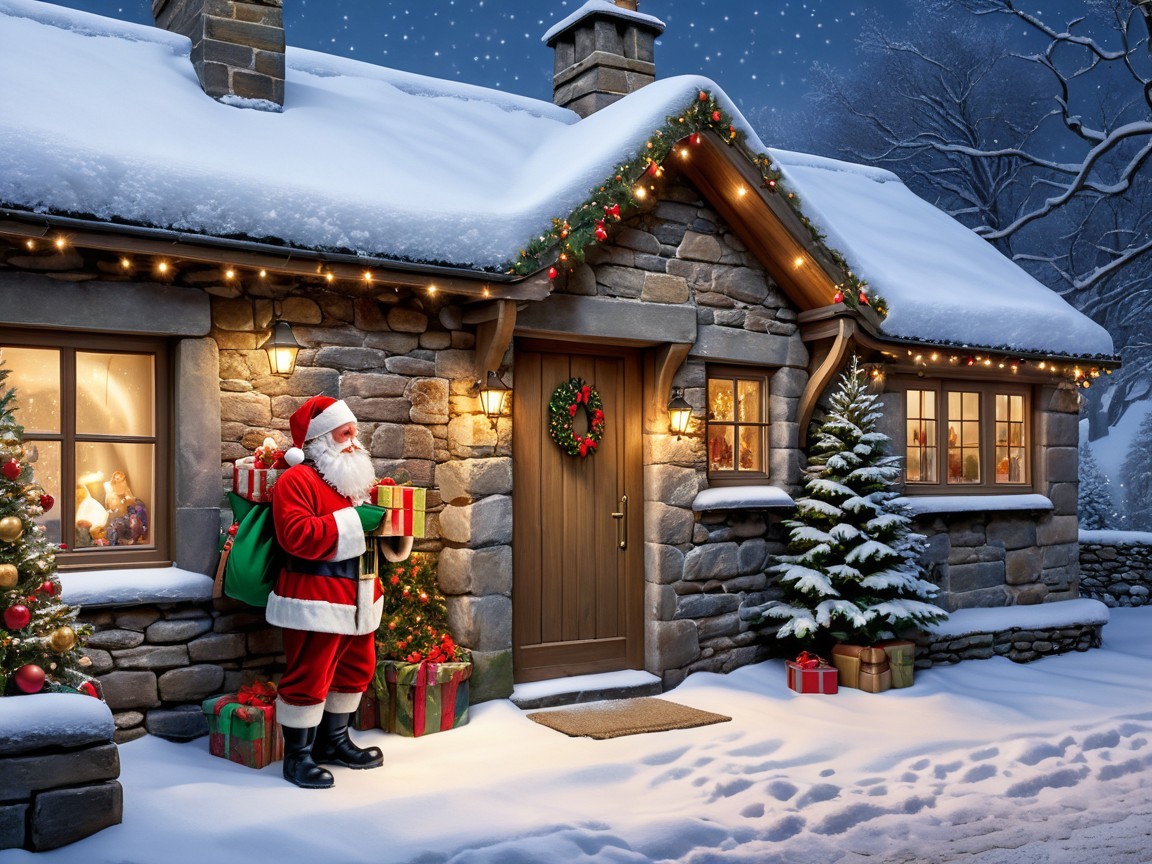 Santa Claus by a decorated cottage in the snow