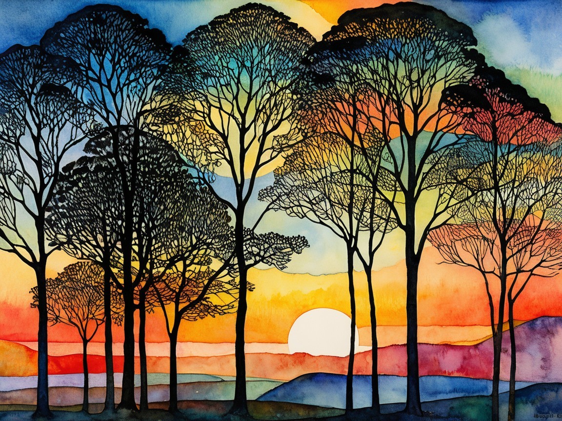 Vibrant Watercolor Landscape with Silhouetted Trees
