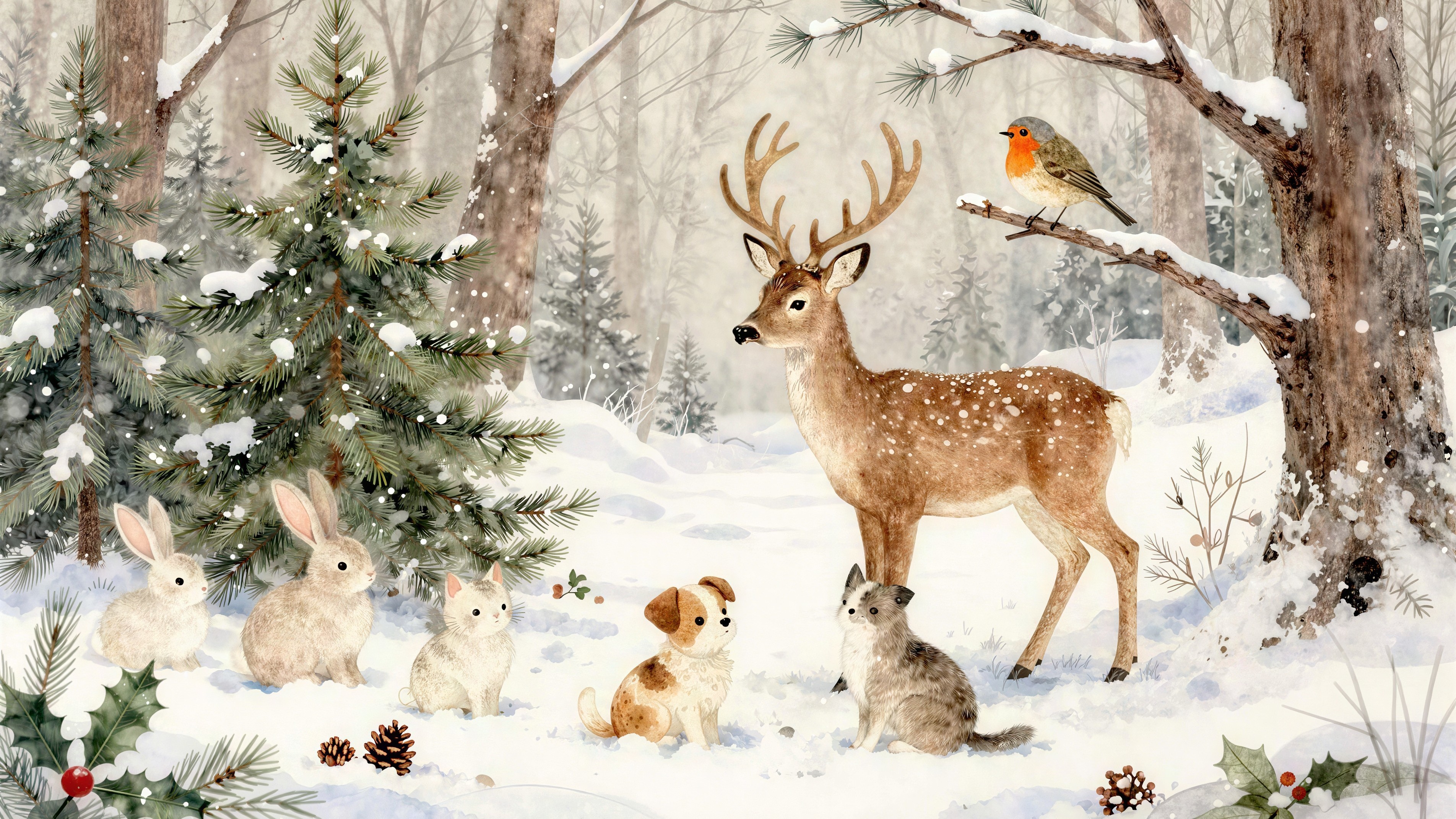 Watercolor Painting of Animals in Snowy Forest Scene