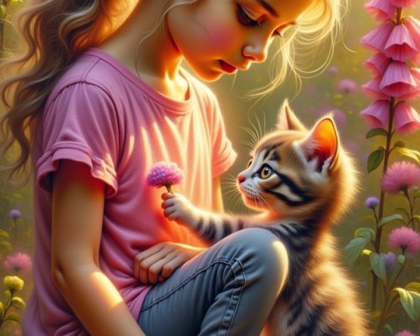 Young girl with kitten among pink flowers in sunlight