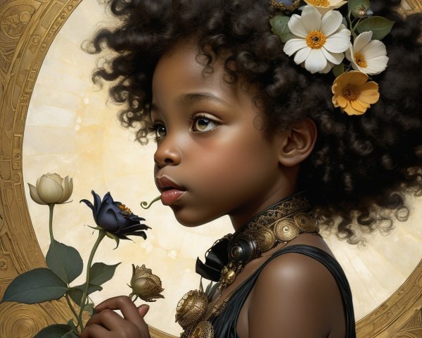 Young girl with curly hair and flowers in ornate setting