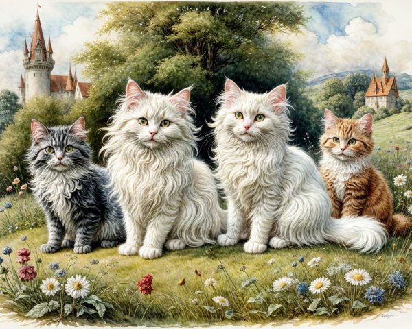 Four Cats in a Meadow with a Castle Background