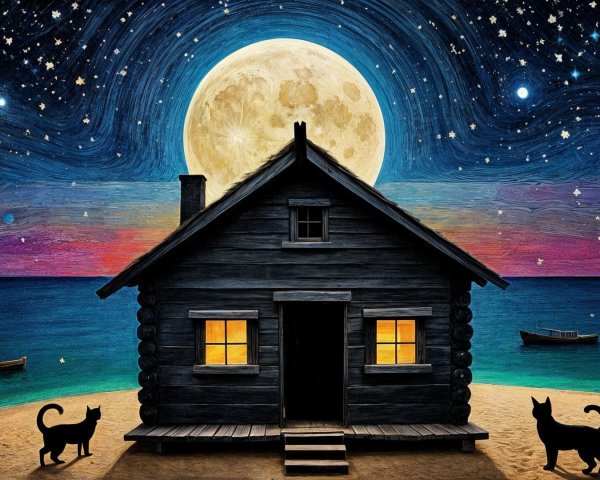 Starry Night with Rustic House and Cats by Beach