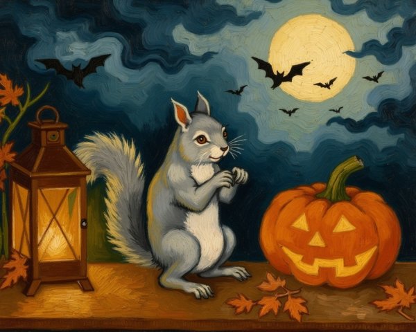 Fluffy Gray Squirrel and Pumpkin Under Full Moon