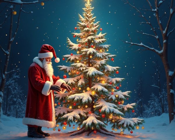 Santa Claus by a decorated Christmas tree in winter scene