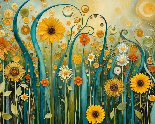 Vibrant Garden Scene with Colorful Flowers and Stems