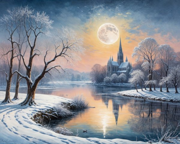 Serene Winter Landscape with Moonlit River and Church