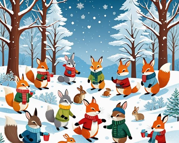 Whimsical Winter Scene with Foxes and Rabbits