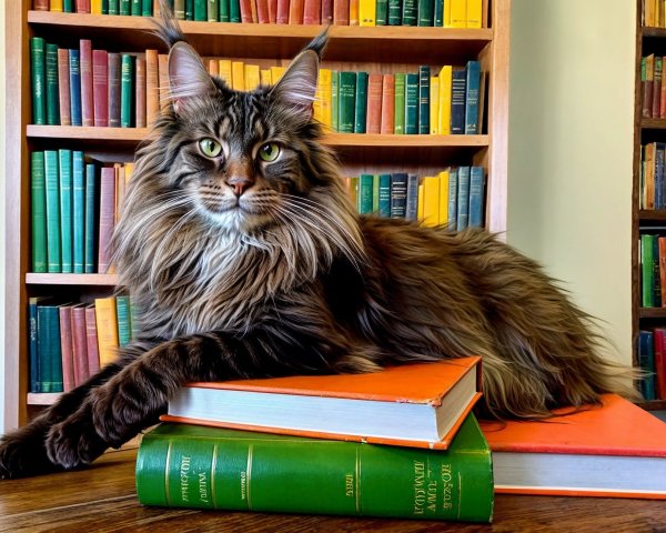 Maine Coon Cat in Cozy Library with Colorful Books