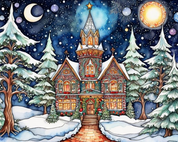 Whimsical Winter Scene with Colorful Holiday House