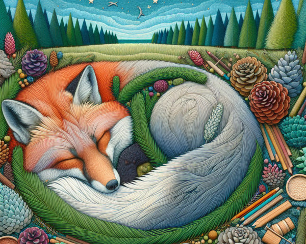 Serene Fox Illustration in a Tranquil Woodland Scene