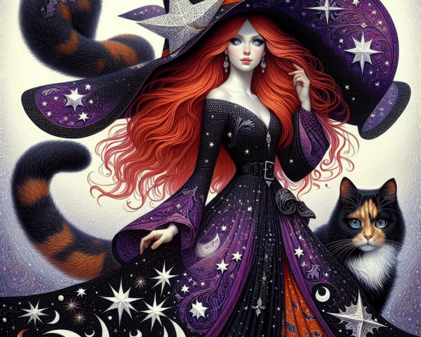 Mystical witch in black gown with cosmic backdrop
