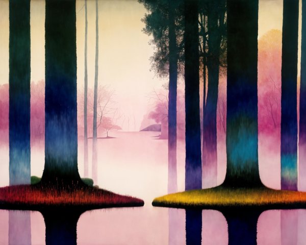 Vibrant Landscape with Colorful Trees and Misty Hills