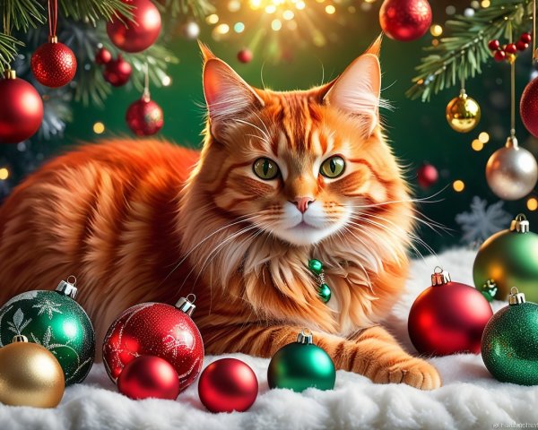 Fluffy Orange Cat Among Festive Christmas Decorations