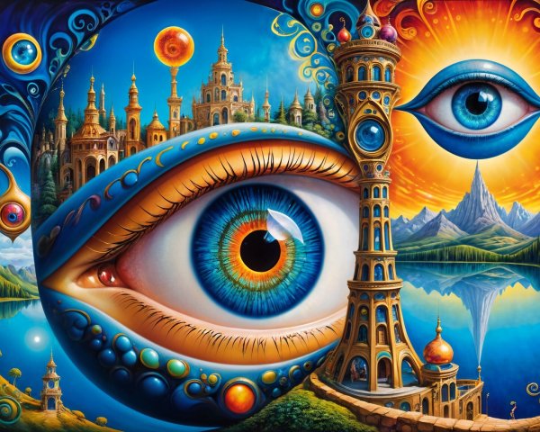 Surreal Eye Surrounded by Fantastical Landscapes