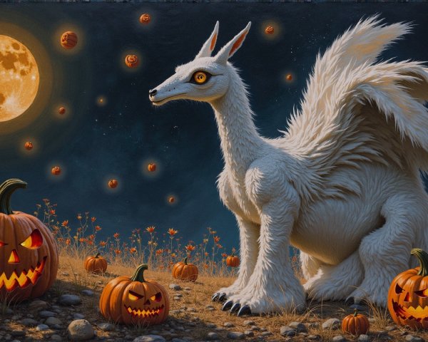 White mythical creature in moonlit pumpkin patch