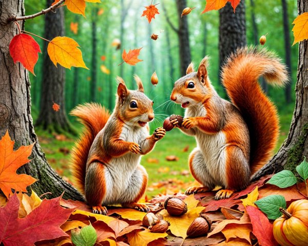 Autumn Forest Scene with Playful Squirrels and Leaves