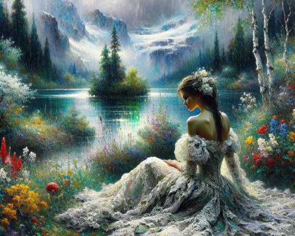 Serene Landscape with Woman in Lace Dress and Wildflowers