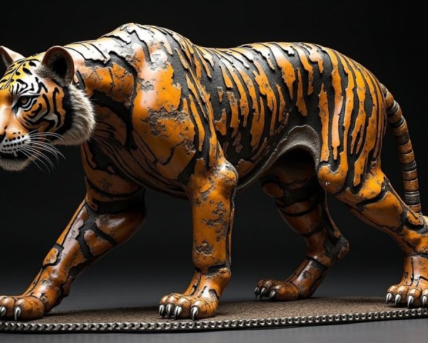 Life-sized metallic sculpture of a tiger in detail