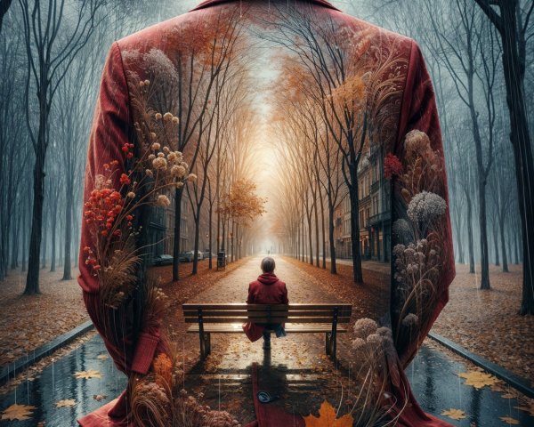 Surreal Scene of Figure in Red Coat and Autumn Landscape