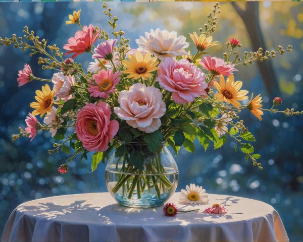 Vibrant Floral Bouquet in Clear Glass Vase on Table