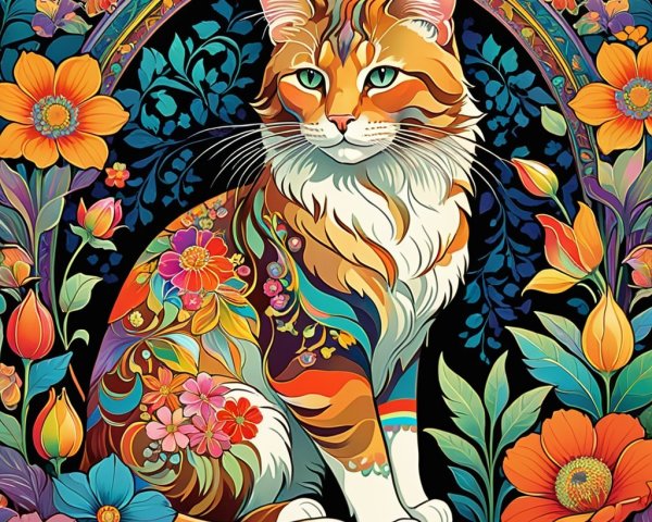 Stylized Cat Among Colorful Flowers and Foliage
