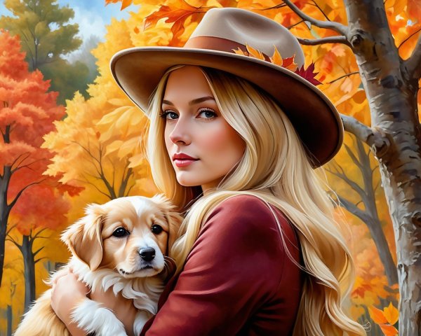 Autumn Landscape with Woman and Fluffy Puppy