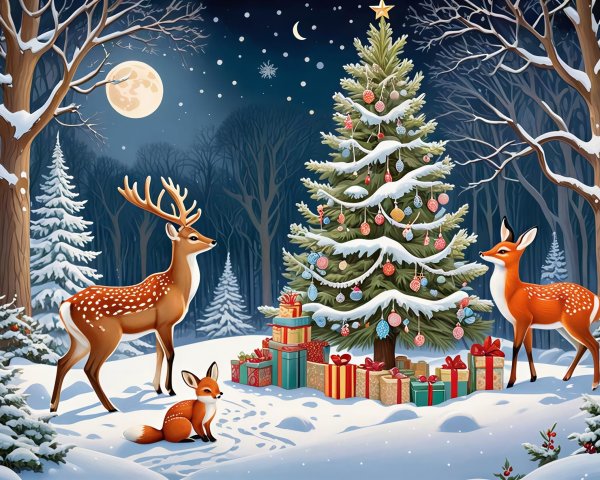 Whimsical Winter Wonderland Scene with Christmas Tree