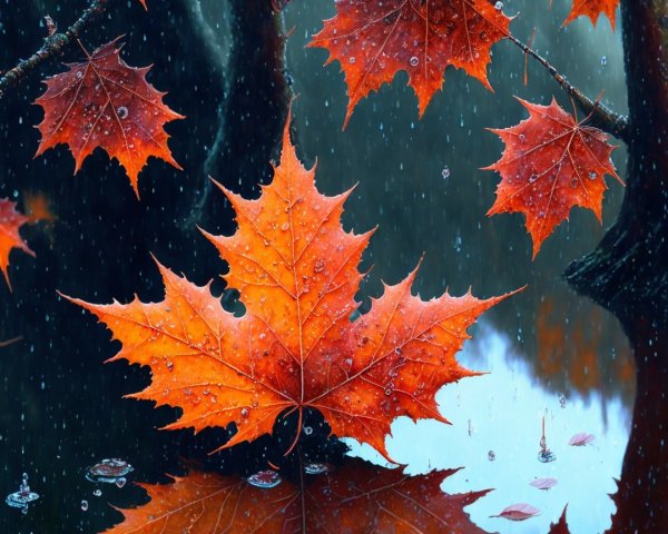 Vibrant Orange Maple Leaves with Raindrops and Reflection