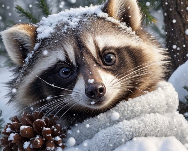 Raccoon in Blanket Surrounded by Snowy Landscape