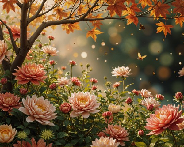 Serene garden with pink and white chrysanthemums