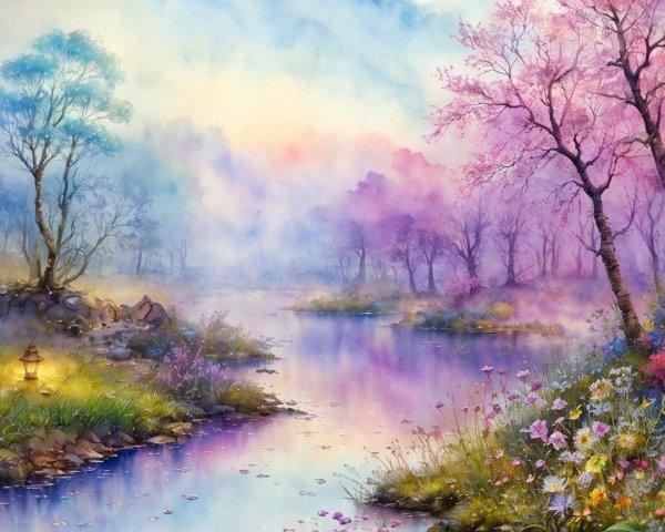 Tranquil River Landscape with Cherry Blossoms and Mist