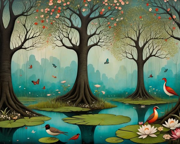 Serene Landscape with Black Trees and Colorful Wildlife