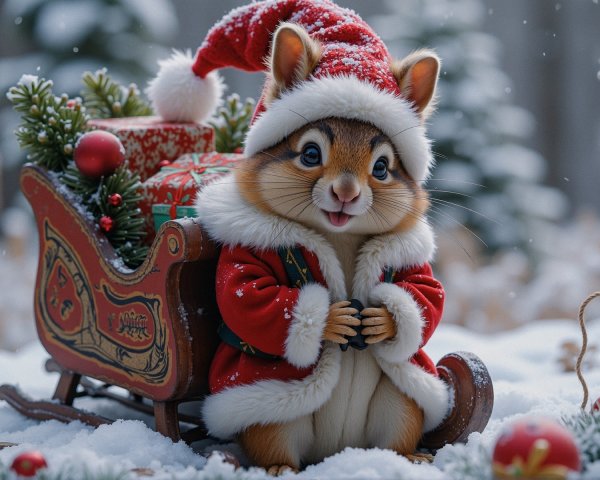 Cute Chipmunk in Santa Outfit with Festive Sleigh Decor