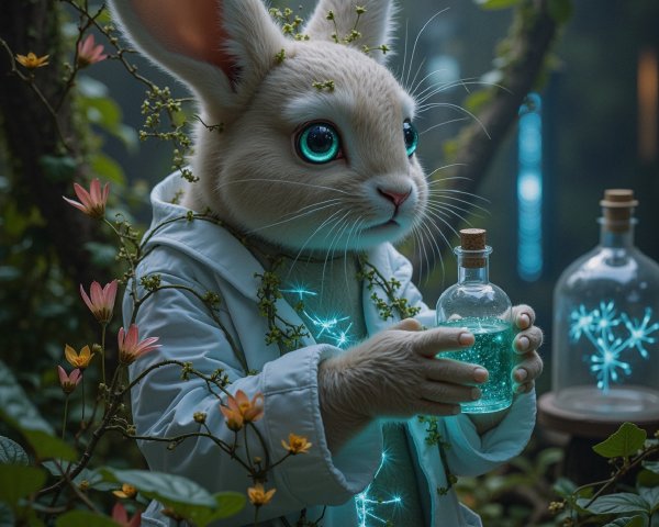 Whimsical Forest with Cute Rabbit and Glowing Potion