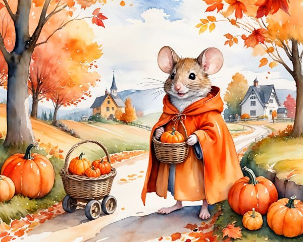 Charming Mouse in Orange Cloak on Autumn Street