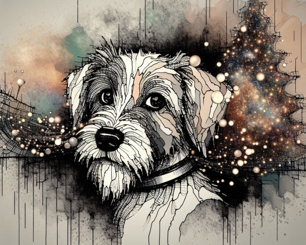 Stylized Dog Illustration with Christmas Tree Background