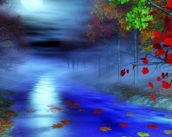 Moonlit River in Misty Forest with Autumn Foliage
