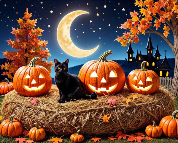 Cozy Autumn Scene with Black Cat and Pumpkins