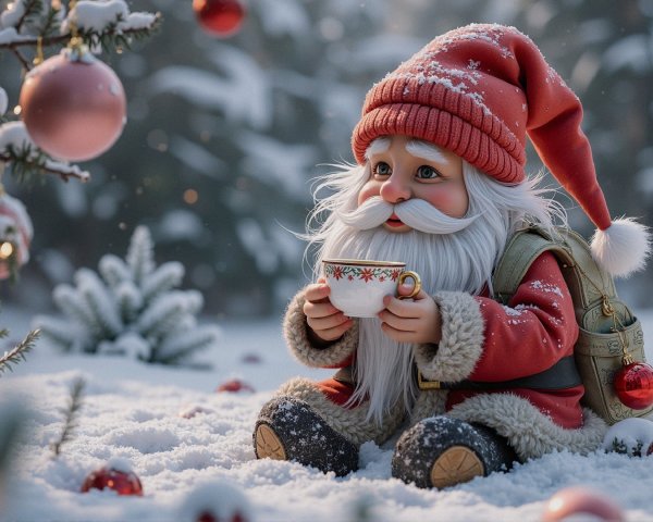 Whimsical Santa in Snowy Forest with Festive Ornaments