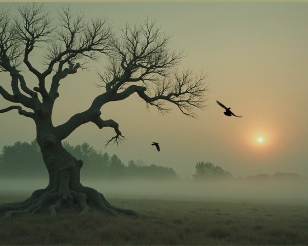 Solitary Tree in Misty Sunrise Landscape